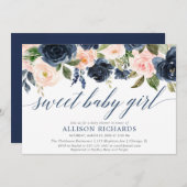 甘い女の赤ちゃんの赤面および海軍女の子のベビーシャワー 招待状 (正面/裏面)