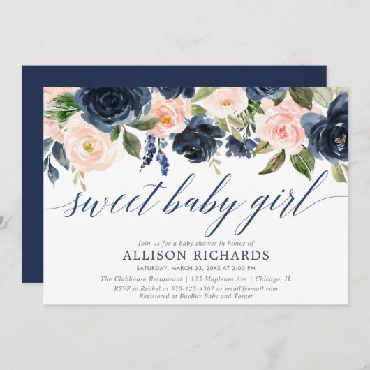 甘い女の赤ちゃんの赤面および海軍女の子のベビーシャワー 招待状 (正面/裏面)
