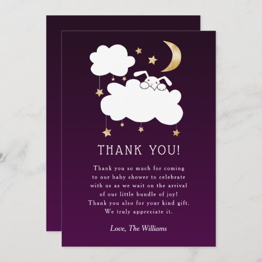 甘い子守唄バニーベビーシャワーパープル金ゴールド サンキューカード (正面/裏面)