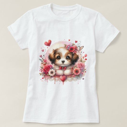 甘い子犬とフローラハート Tシャツ (デザイン正面)