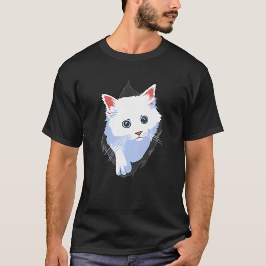 甘い子猫の裂けた布の服 白い可愛い猫 Tシャツ (正面)