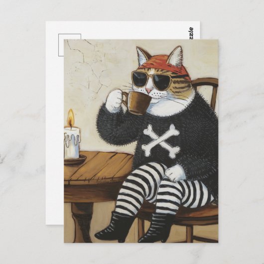 甘い子猫ファジーな黒いセーターコーヒーの海賊 ポストカード (正面/裏面)