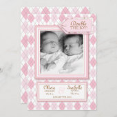 甘い対の女の子のアーガイル柄のな写真の誕生の発表 案内状 (正面/裏面)