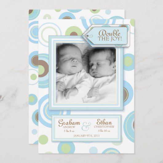 甘い対の男の子のアーガイル柄のな写真の誕生の発表 案内状 (正面/裏面)