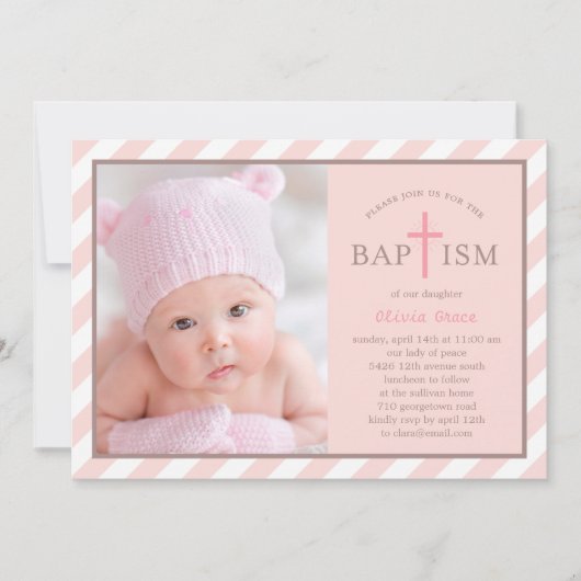 甘い対角線写真バプテスマ招待状 – ピンク 招待状 (正面)