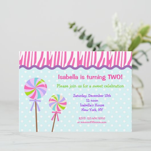 甘い専門店の棒つきキャンデーのバースデーパーティ招待状 招待状 (スタンド正面)