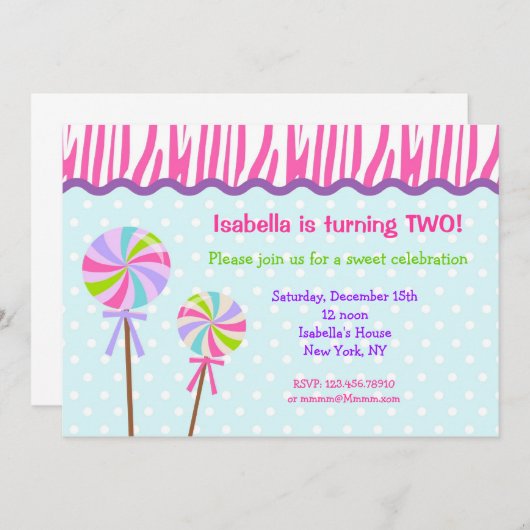 甘い専門店の棒つきキャンデーのバースデーパーティ招待状 招待状 (正面/裏面)