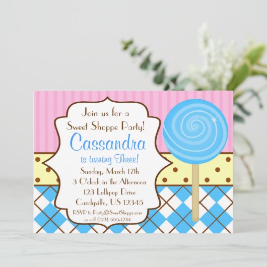 甘い専門店の棒つきキャンデーの誕生日のパーティの招待状 招待状 (スタンド正面)