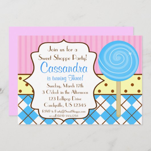 甘い専門店の棒つきキャンデーの誕生日のパーティの招待状 招待状 (正面/裏面)