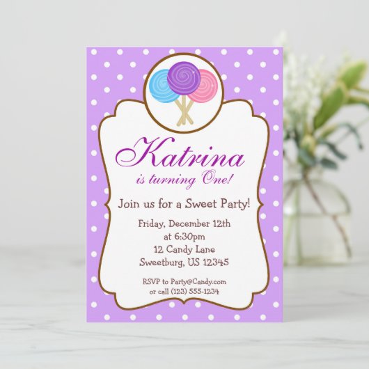 甘い専門店の棒つきキャンデーの誕生日のパーティの招待状 招待状 (スタンド正面)