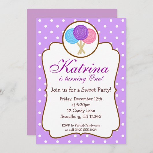 甘い専門店の棒つきキャンデーの誕生日のパーティの招待状 招待状 (正面/裏面)