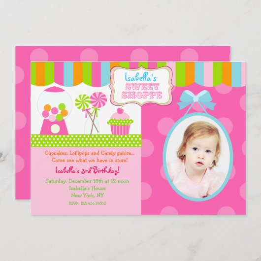 甘い専門店キャンデーの写真の誕生日のパーティの招待状 招待状 (正面/裏面)