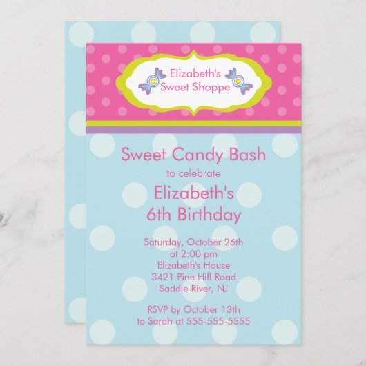 甘い専門店キャンデーの誕生日のパーティの招待状 招待状 (正面/裏面)