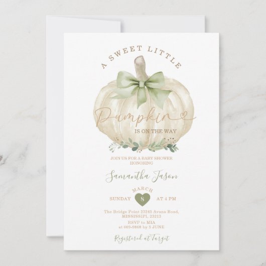 甘い小さなかぼちゃかわいい緑の赤ちゃんシャワー 招待状 (正面)