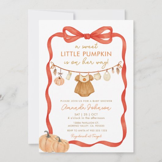 甘い小さなかぼちゃが赤ちゃんシャワーの途中にある 招待状 (正面)
