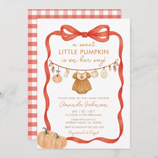 甘い小さなかぼちゃが赤ちゃんシャワーの途中にある 招待状 (正面/裏面)