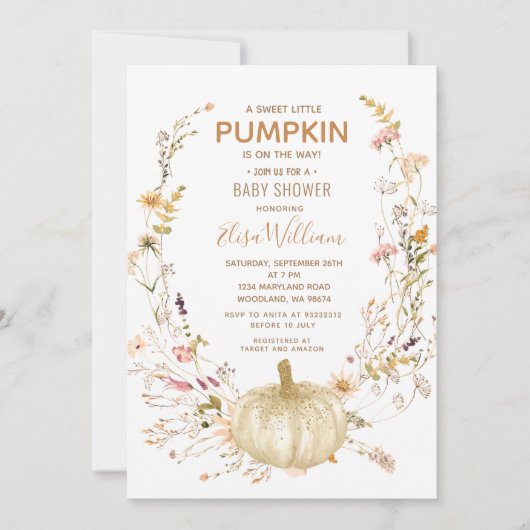 甘い小さなかぼちゃとワイルドフラワーの赤ちゃんシャワー 招待状 (正面)