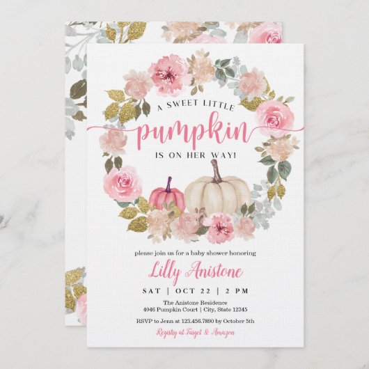 甘い小さなかぼちゃのベビーガールシャワー 招待状 (正面/裏面)
