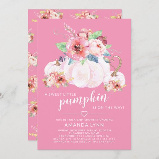 甘い小さなかぼちゃの女の子の赤ちゃんシャワー 招待状 (正面/裏面)