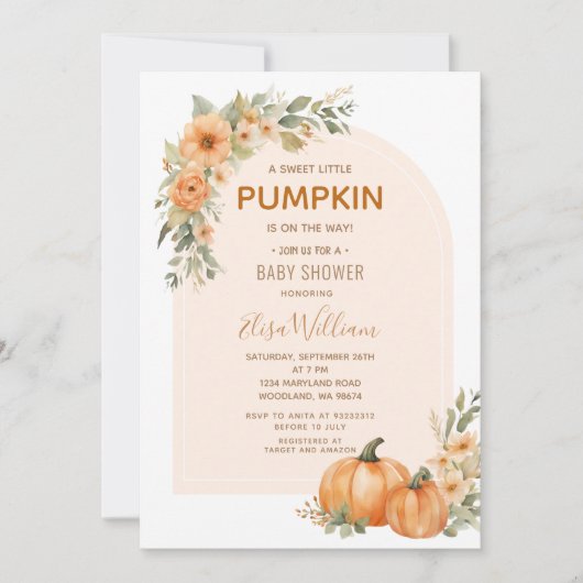 甘い小さなかぼちゃの秋のフローラ赤ちゃんシャワー 招待状 (正面)