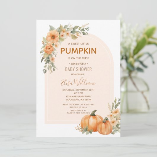 甘い小さなかぼちゃの秋のフローラ赤ちゃんシャワー 招待状 (スタンド正面)