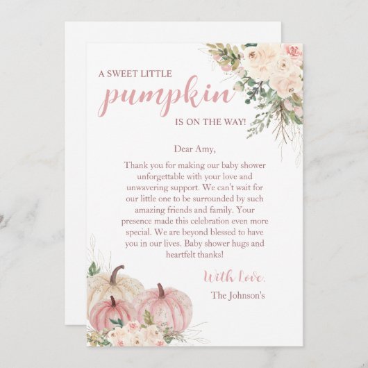 甘い小さなかぼちゃの秋の赤ちゃんシャワー サンキューカード (正面/裏面)