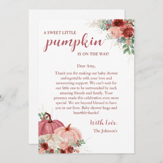 甘い小さなかぼちゃの秋の赤ちゃんシャワー サンキューカード (正面/裏面)