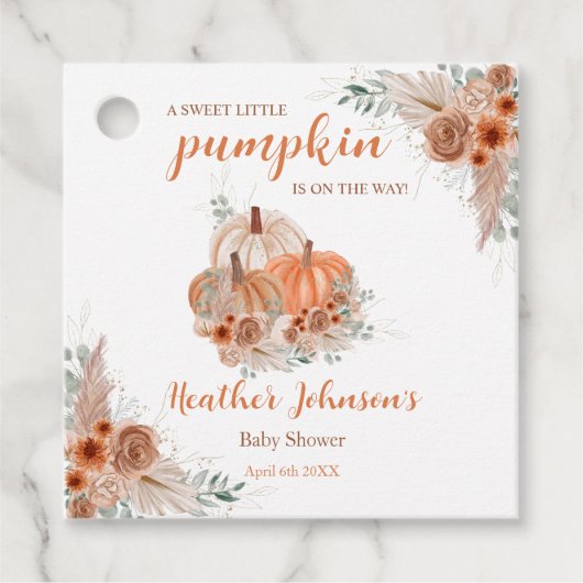 甘い小さなかぼちゃの秋の赤ちゃんシャワー フェイバータグ (正面)