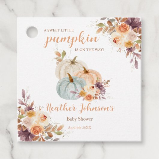 甘い小さなかぼちゃの秋の赤ちゃんシャワー フェイバータグ (正面)