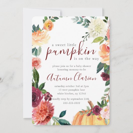 甘い小さなかぼちゃの秋の赤ちゃんシャワー 招待状 (正面)