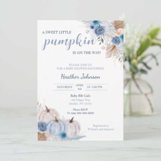 甘い小さなかぼちゃの秋の赤ちゃんシャワー 招待状 (スタンド正面)