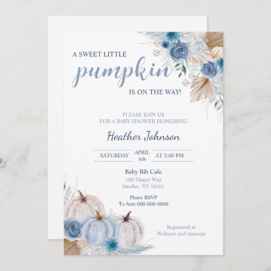 甘い小さなかぼちゃの秋の赤ちゃんシャワー 招待状 (正面/裏面)