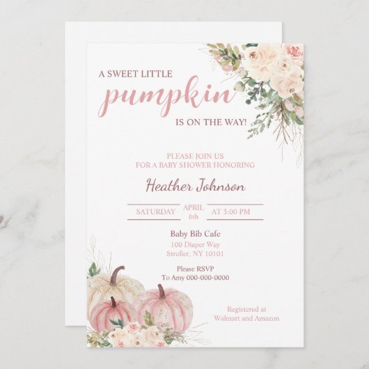 甘い小さなかぼちゃの秋の赤ちゃんシャワー 招待状 (正面/裏面)