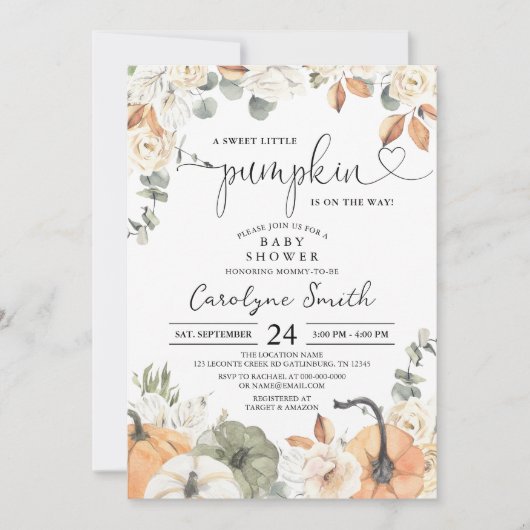 甘い小さなかぼちゃの秋ベビーシャワー招待状 招待状 (正面)