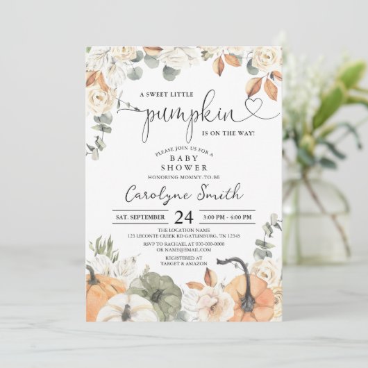甘い小さなかぼちゃの秋ベビーシャワー招待状 招待状 (スタンド正面)