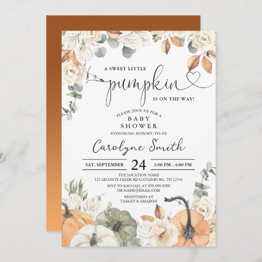 甘い小さなかぼちゃの秋ベビーシャワー招待状 招待状 (正面/裏面)