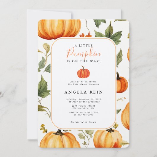 甘い小さなかぼちゃの紅葉赤ちゃんシャワー 招待状 (正面)
