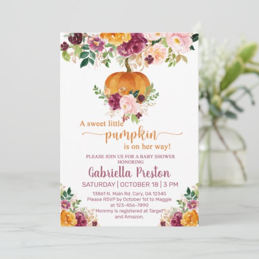 甘い小さなかぼちゃの赤ちゃんシャワー招待状。 招待状 (スタンド正面)