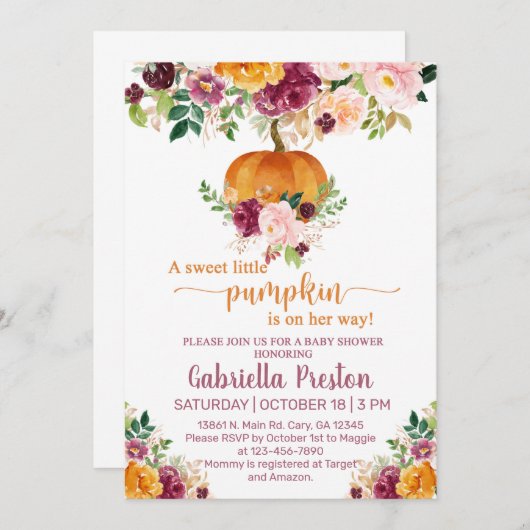 甘い小さなかぼちゃの赤ちゃんシャワー招待状。 招待状 (正面/裏面)