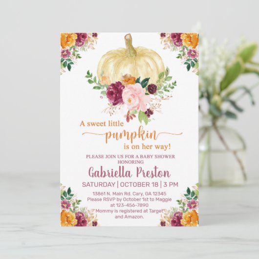 甘い小さなかぼちゃの赤ちゃんシャワー招待状、白。 招待状 (スタンド正面)