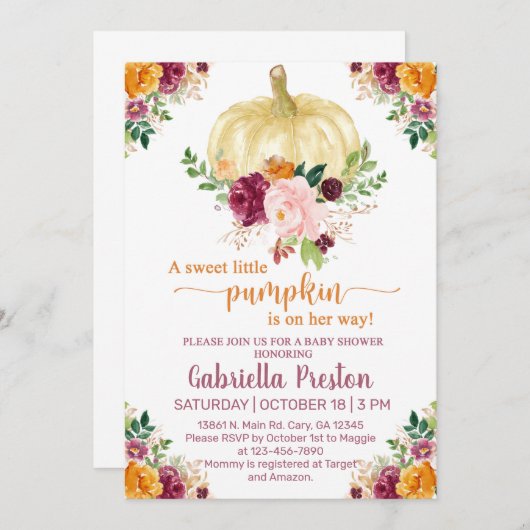 甘い小さなかぼちゃの赤ちゃんシャワー招待状、白。 招待状 (正面/裏面)