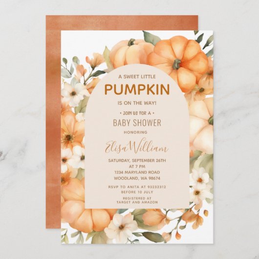 甘い小さなかぼちゃの赤ちゃんシャワー 招待状 (正面/裏面)
