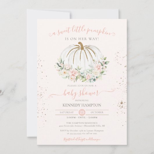 甘い小さなかぼちゃソフトピンク秋の赤ちゃんシャワー 招待状 (正面)