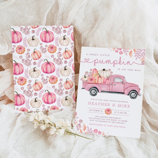 甘い小さなかぼちゃピンク秋の赤ちゃんシャワー 招待状