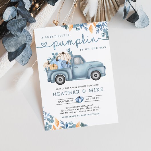 甘い小さなかぼちゃ青い秋の赤ちゃんシャワー 招待状