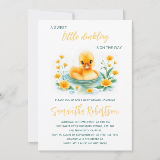 甘い小さなアヒルが赤ちゃんシャワーの途中にある 招待状 (正面)