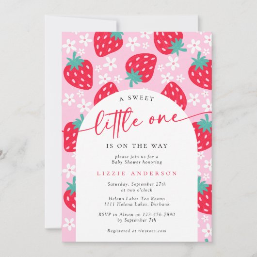 甘い小さなイチゴの赤ちゃんシャワー 招待状 (正面)