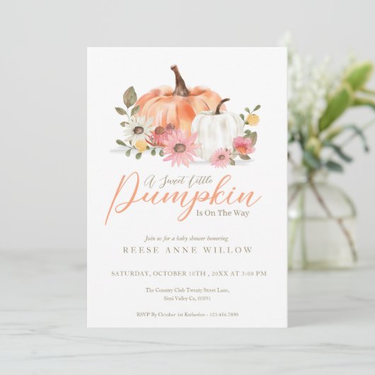 甘い小さなカボチャがワイルドフラワーのベビー 招待状 (スタンド正面)