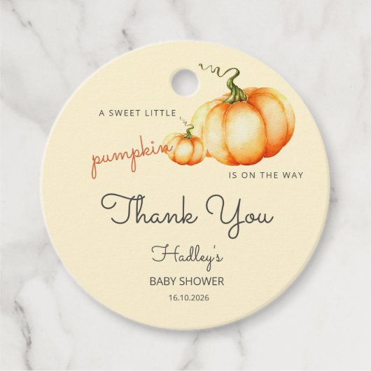 甘い小さなカボチャが赤ちゃんシャワーの途中にある フェイバータグ (正面)