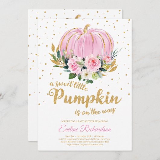 甘い小さなカボチャが赤ちゃんシャワーの途中にある 招待状 (正面/裏面)